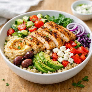 Bowl de pollo mediterráneo con quinoa y vegetales