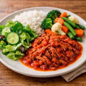 Carne mechada en salsa de tomate con arroz + vegetales mixtos al vapor + ensalada verde