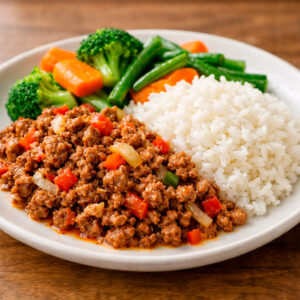 Carne molida arreglada + Arroz + Vegetales