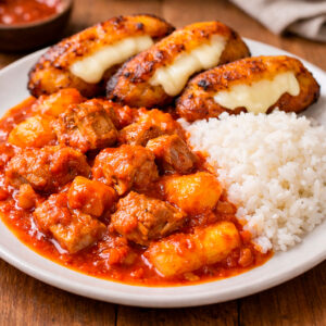 Cerdo en trozos con papas en salsa de tomate + arroz blanco + tortas de plátano con queso