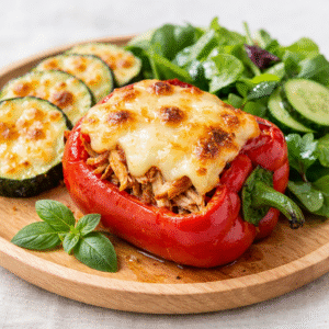 Chile relleno con pollo mechado + zuquini con queso al horno + ensalada verde