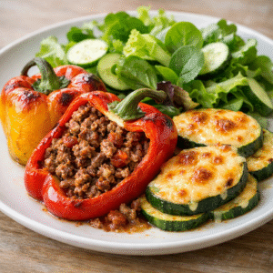 Chile relleno con molida + vegetales + ensalada + papas