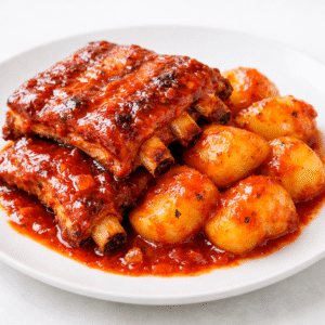 Costilla de cerdo con papas en salsa de tomate