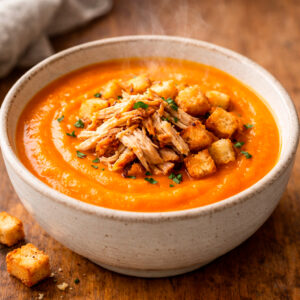 Crema de ayote con pollo mechado + crutones