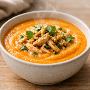 Crema de zanahoria, papa y jengibre con pollo mechado
