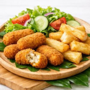 Croquetas de pescado + yuca frita + ensalada