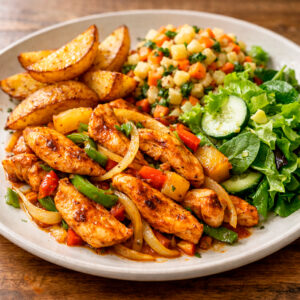 Fajitas de pollo a la caribeña + gajos de papa + picadillo + ensalada verde