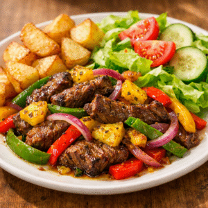 Fajitas de res a la caribeña + papas + ensalada