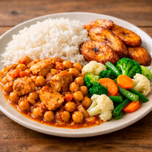 Garbanzo con pollo + arroz blanco + plátanos maduros + vegetales mixtos al vapor