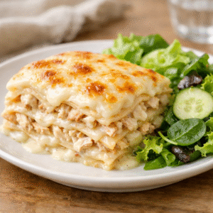 Lasaña de pollo en salsa blanca + ensalada verde