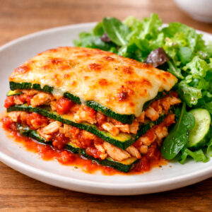 Lasaña de zucchini con pollo en salsa roja + ensalada verde