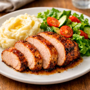 Lomo de cerdo al horno + puré de papa + picadillo + ensalada verde
