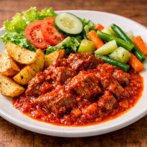 Mano de piedra en salsa de tomate + gajos de papa + vegetales + ensalada