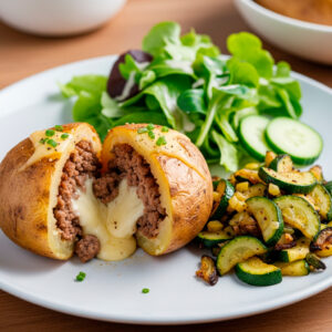 Papa rellena con carne molida y queso + picadillo de zuquini + ensalada verde