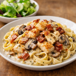 Pasta con pollo y tocineta en salsa blanca de hongos + ensalada verde