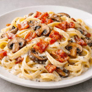 Pasta con tocineta y hongos en salsa blanca