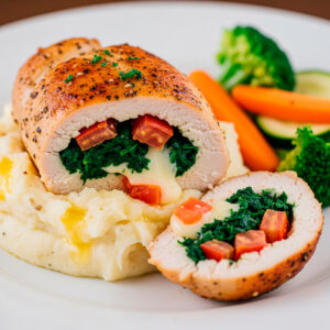 Pechuga rellena de espinaca, tomate y queso + puré + vegetales