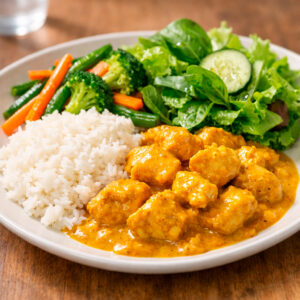 Pollo al curry con vegetales y arroz blanco + ensalada verde