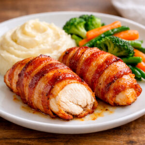 Pollo envuelto en tocineta + puré + vegetales