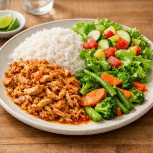 Pollo mechado + arroz blanco + vegetales mixtos al vapor + ensalada verde