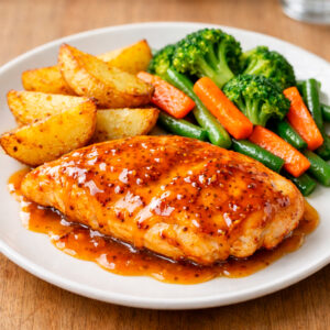 Pollo mostaza miel + gajos de papa + vegetales