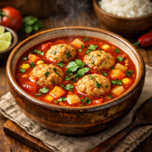 Sopa de tomate con albóndigas de pollo