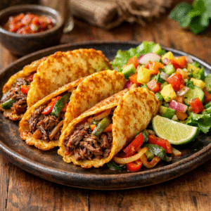 Tacos de queso con carne mechada + vegetales + ensalada