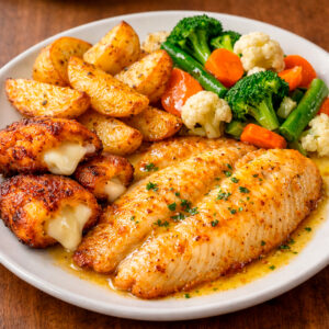 Tilapia a la mantequilla + gajos de papa + vegetales mixtos al vapor + tortas de plátano maduro con queso