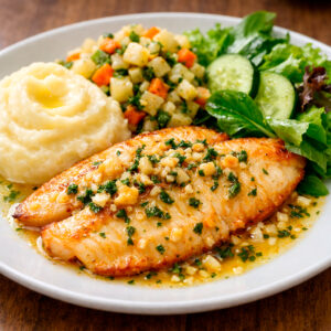 Tilapia al ajillo + puré de papa + picadillo + ensalada verde