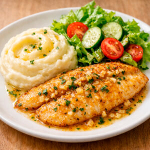 Tilapia al ajillo + puré + ensalada