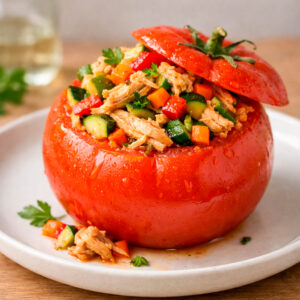 Tomate relleno con pollo + vegetales