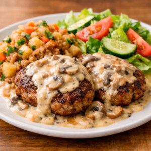 Tortas de carne molida cremosas con hongos y queso + picadillo + ensalada