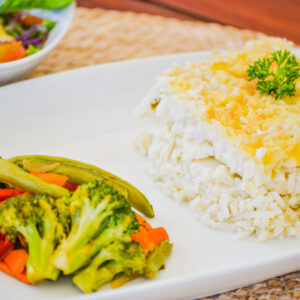Arroz con palmito + vegetales + ensalada