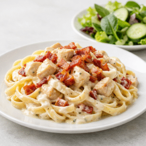 Pasta con pollo y tocineta en salsa blanca + ensalada verde