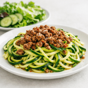 Pasta de zucchini con carne molida + ensalada verde