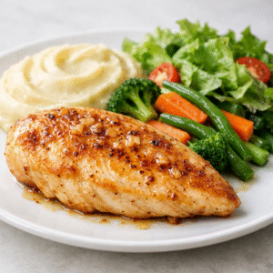 Pollo a la plancha al ajillo + puré + vegetales + ensalada