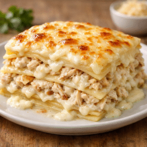 Lasaña de pollo en salsa blanca