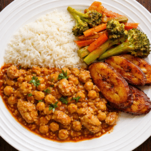 Garbanzos con pollo + arroz + platanos maduros + vegetales