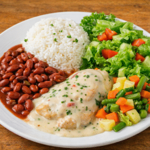 Casado con pollo en salsa blanca