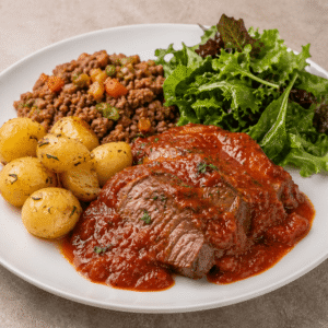 Bistec de res en salsa de tomate + picadillo + mini papas al romero + ensalada