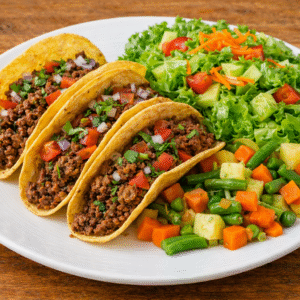 Tacos de carne molida + vegetales + ensalada