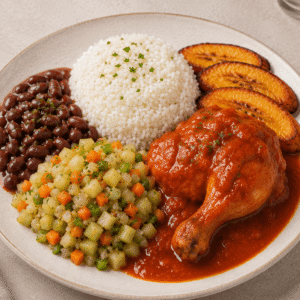 Casado con pollo sudado en salsa (muslo)