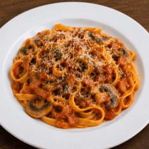 Fettuccine con tocineta y hongos en salsa de tomate