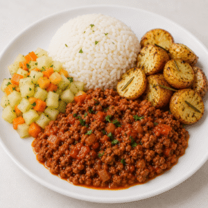 Carne molida en salsa de tomate + arroz + picadillo + papas al romero