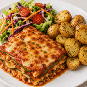 Lasaña de zuquini con pollo en salsa roja + ensalada + papas