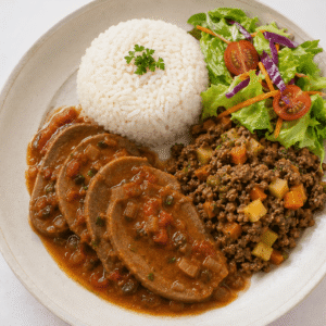 Lengua en salsa + arroz + picadillo + ensalada
