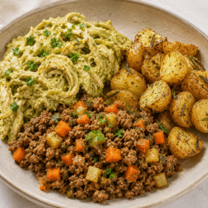 Pollo mechado al aguacate + mini papas al romero + picadillo