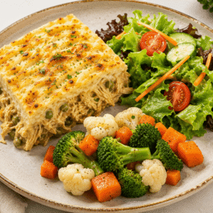 Pastel de pollo + vegetales + ensalada