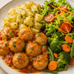 Albóndigas de pollo hechas con papa + vegetales + ensalada