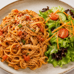 Pasta con pollo mechado en salsa de tomate + ensalada